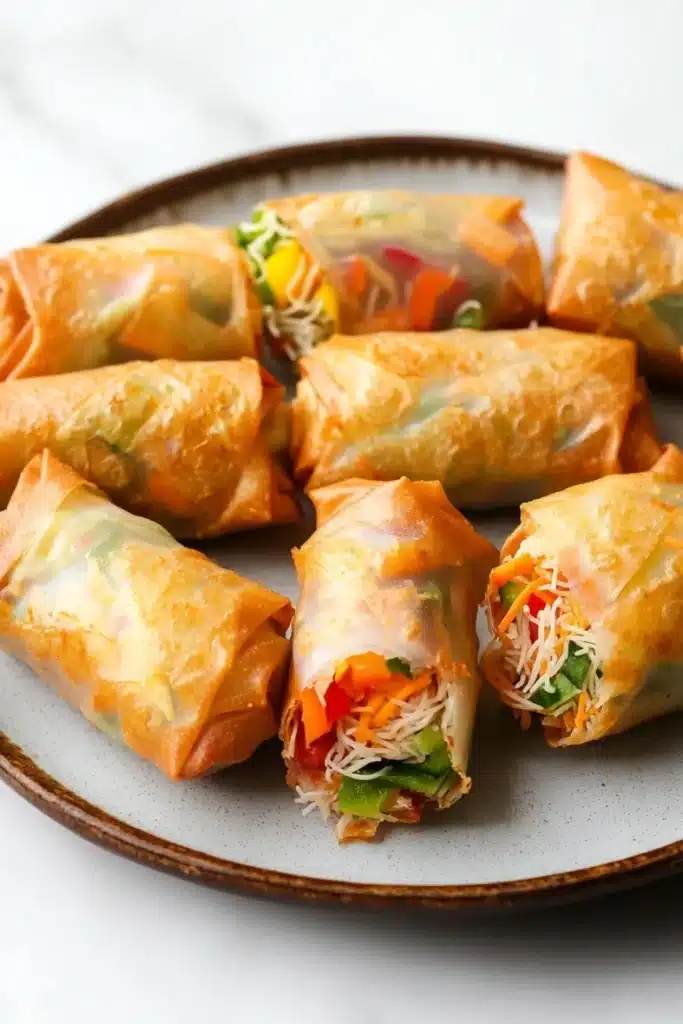 Air fryer vegetable spring rolls - the image shows a plate of freshly baked spring rolls. the rolls are golden brown and appear to be crispy on the outside. they are filled with a variety of vegetables, including carrots, celery, and onions, and are arranged in a circular pattern on the plate. the plate is white and has a textured surface. the background is blurred, but it appears to be a kitchen countertop.