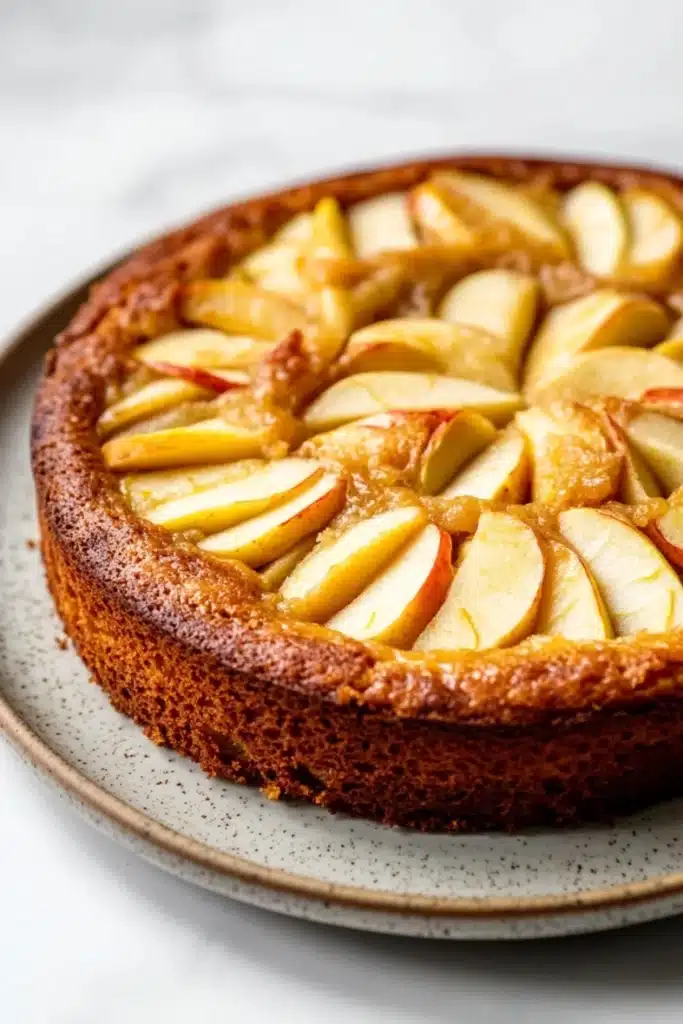 Apple cake korean - the image is of a round cake on a white plate. the cake appears to be a tart with a golden brown crust and a layer of caramelized apples on top. the apples are arranged in a circular pattern on the top of the cake, with some overlapping each other. the caramel is drizzled over the apples, giving them a glossy sheen. the plate is sitting on a marble countertop.