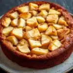 Apple cake sugar free - the image is of a round cake on a white plate. the cake appears to be freshly baked and has a golden brown crust on top. on top of the cake, there are small cubes of sliced apples arranged in a criss-cross pattern. the apples are golden brown and look crispy on the outside. the plate is sitting on a dark grey countertop.