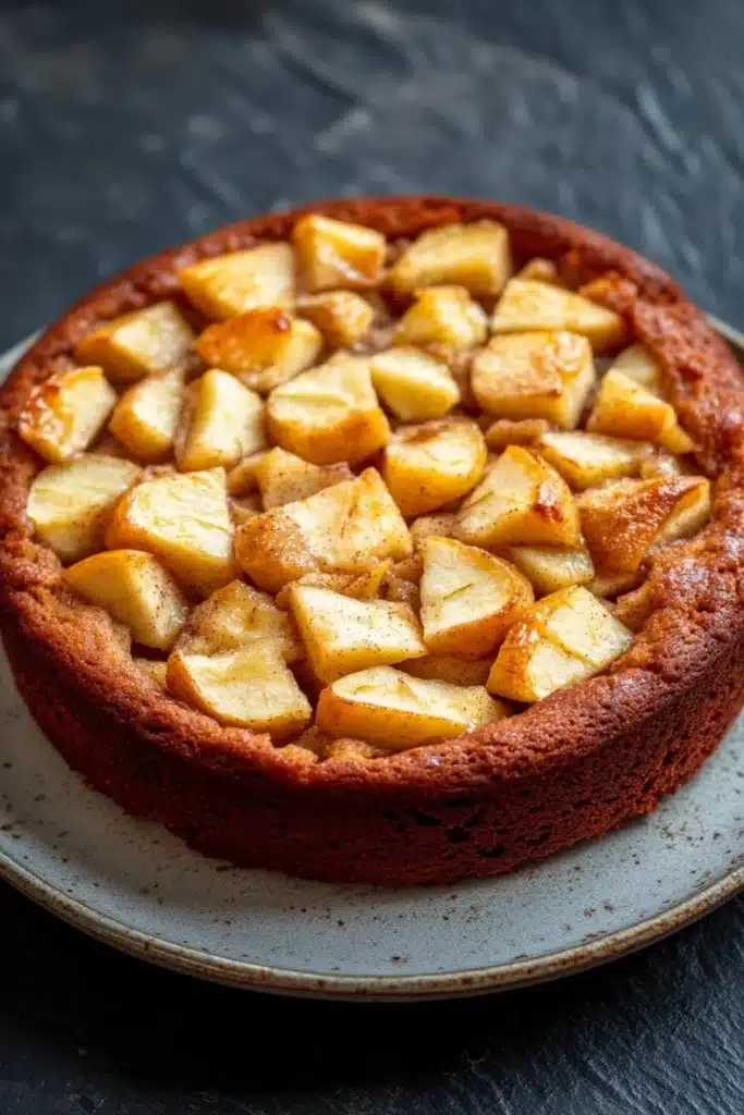 Apple cake sugar free - the image is of a round cake on a white plate. the cake appears to be freshly baked and has a golden brown crust on top. on top of the cake, there are small cubes of sliced apples arranged in a criss-cross pattern. the apples are golden brown and look crispy on the outside. the plate is sitting on a dark grey countertop.
