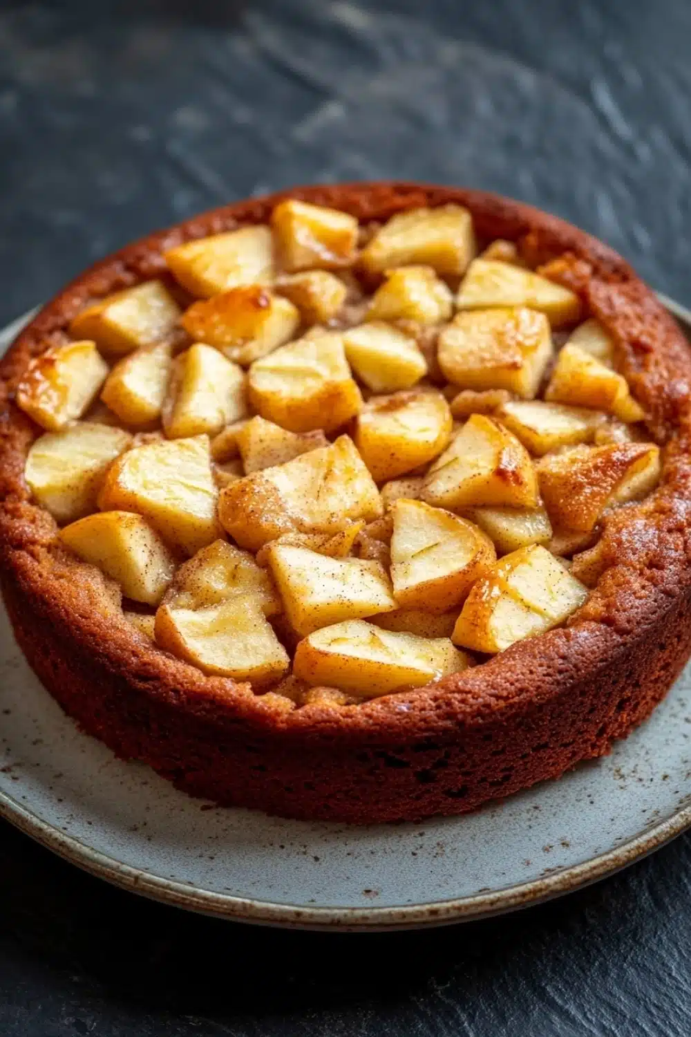 Apple cake sugar free - the image is of a round cake on a white plate. the cake appears to be freshly baked and has a golden brown crust on top. on top of the cake, there are small cubes of sliced apples arranged in a criss-cross pattern. the apples are golden brown and look crispy on the outside. the plate is sitting on a dark grey countertop.