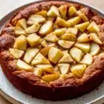 Apple cake sugar free - the image is of a round cake on a white plate. the cake appears to be freshly baked and has a golden brown crust on top. on top of the cake, there are small cubes of sliced apples arranged in a circular pattern. the apples are cut into small cubes and are evenly spaced along the edges of the crust. the plate is sitting on a wooden table.