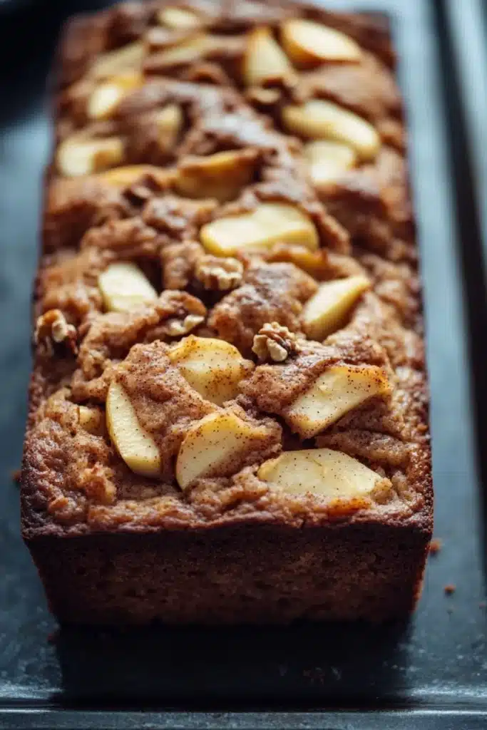 Apple cinnamon muffin loaf - the image shows a rectangular loaf of bread on a black baking tray. the bread appears to be freshly baked and has a golden brown color. on top of the bread, there are sliced apples arranged in a crumbly pattern, with some of the apples overlapping each other. the apples are cut into small cubes and are scattered throughout the bread. the tray is lined with parchment paper, and the background is blurred, making the bread the focal point of the image.