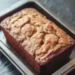 Apple cinnamon muffin loaf - the image shows a freshly baked loaf of bread on a metal baking tray. the bread appears to be golden brown in color and has a crumbly texture on top. the tray is placed on a dark grey countertop with a textured surface. the background is blurred, but it seems to be a kitchen countertop.
