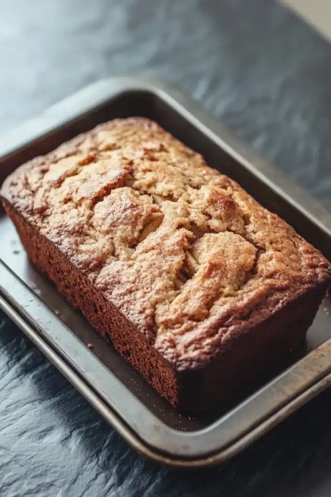 Apple cinnamon muffin loaf - the image shows a freshly baked loaf of bread on a metal baking tray. the bread appears to be golden brown in color and has a crumbly texture on top. the tray is placed on a dark grey countertop with a textured surface. the background is blurred, but it seems to be a kitchen countertop.