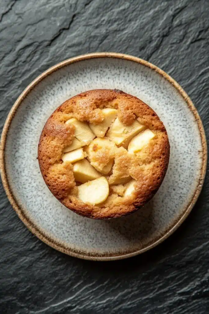 Apple mug cake - the image is a close-up of a round cake on a plate. the cake appears to be freshly baked and has a golden brown crust on top. it is cut into small cubes and is arranged in a circular pattern on the plate, with some of the cubes overlapping each other. the plate is made of a light-colored ceramic with a speckled pattern around the edges. the background is a dark grey textured surface. the overall mood of the image is rustic and cozy.