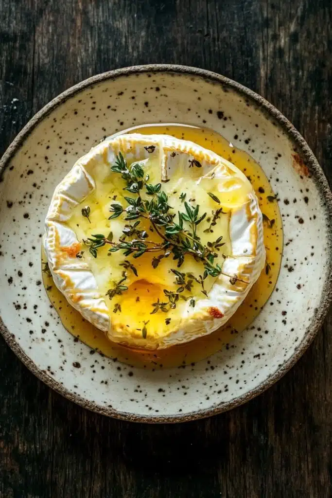 Baked brie with honey and thyme - the image is a top view of a dish on a wooden table. the dish appears to be a poached egg with a golden-brown yolk and a sprig of fresh thyme on top. the plate is round and has a speckled texture. the background is dark and out of focus, making the dish stand out. the overall mood of the image is rustic and appetizing.