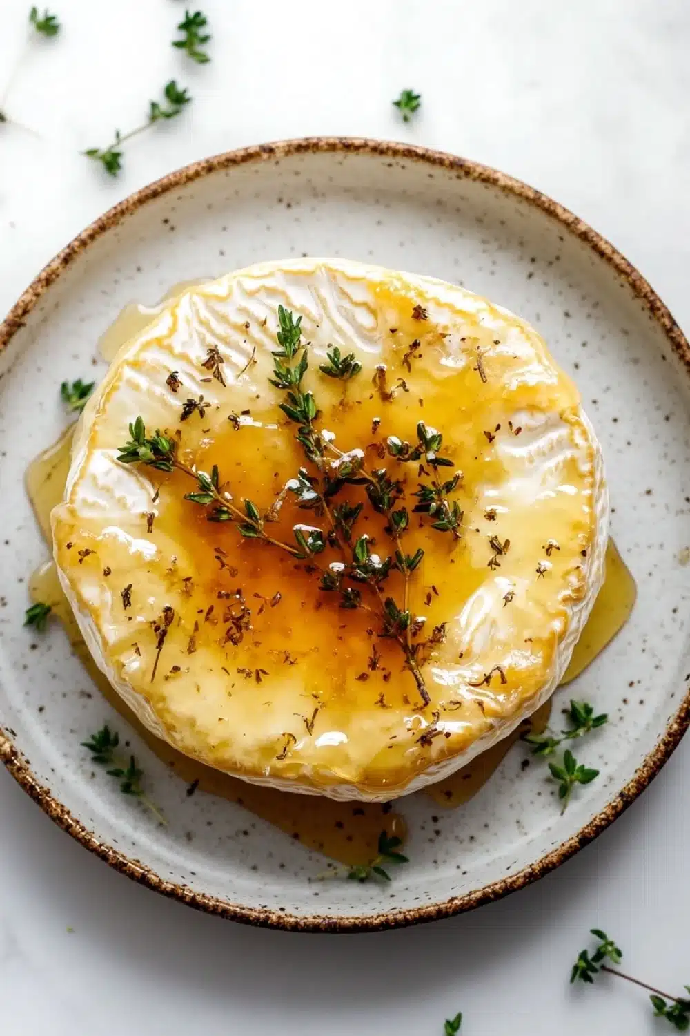 Baked brie with honey and thyme - the image is a close-up of a plate of food. the plate is white with a brown rim and has a speckled pattern. on top of the plate, there is a poached egg with a golden-brown yolk and a drizzle of yellow sauce. the egg is garnished with a sprig of fresh thyme. the background is a white marble countertop with a few sprigs of green herbs scattered around. the overall aesthetic of the image is rustic and appetizing.