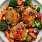 Baked chicken thighs and vegetables - the image shows a plate of roasted chicken with vegetables. the chicken is golden brown and appears to be seasoned with herbs and spices. the vegetables on the plate include broccoli, carrots, red onions, and red bell peppers. the plate is white with a light blue rim and is sitting on a wooden table. there are a few sprigs of parsley scattered around the plate.