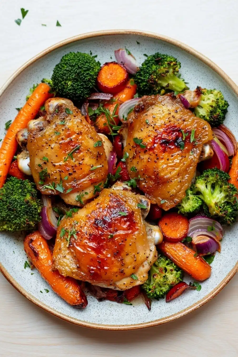 Baked chicken thighs and vegetables - the image shows a plate of roasted chicken with vegetables. the chicken is golden brown and appears to be seasoned with herbs and spices. the vegetables on the plate include broccoli, carrots, red onions, and red bell peppers. the plate is white with a light blue rim and is sitting on a wooden table. there are a few sprigs of parsley scattered around the plate.