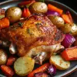 Baked chicken thighs and vegetables - the image shows a plate of roasted chicken with various vegetables. the chicken is golden brown and appears to be seasoned with herbs and spices. it is surrounded by roasted potatoes, carrots, and red onions. the vegetables are arranged in a circular pattern on the plate, with some overlapping each other. the plate is on a wooden table, and there is a sprig of thyme on the side. the background is blurred, but it seems to be a kitchen countertop.