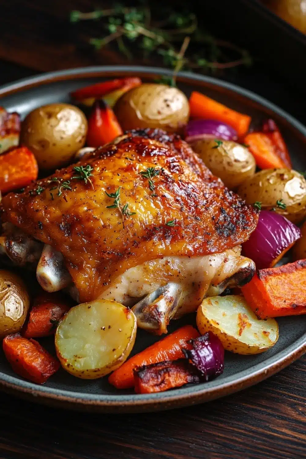 Baked chicken thighs and vegetables - the image shows a plate of roasted chicken with various vegetables. the chicken is golden brown and appears to be seasoned with herbs and spices. it is surrounded by roasted potatoes, carrots, and red onions. the vegetables are arranged in a circular pattern on the plate, with some overlapping each other. the plate is on a wooden table, and there is a sprig of thyme on the side. the background is blurred, but it seems to be a kitchen countertop.
