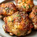 Baked chicken thighs no skin - the image shows a plate of grilled chicken breasts. the chicken breasts are golden brown and appear to be seasoned with herbs and spices. they are arranged in a circular pattern on the plate, with some overlapping each other. the plate is made of a light-colored ceramic or porcelain material and has a speckled texture. the background is blurred, but it appears to be a kitchen countertop.