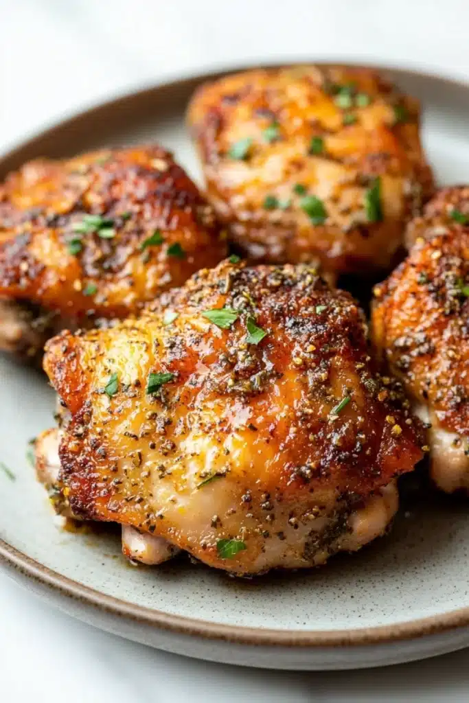 Baked chicken thighs no skin - the image shows a plate of grilled chicken breasts. the chicken breasts are golden brown and appear to be seasoned with herbs and spices. they are arranged in a circular pattern on the plate, with some overlapping each other. the plate is made of a light-colored ceramic or porcelain material and has a speckled texture. the background is blurred, but it appears to be a kitchen countertop.