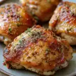 Baked chicken thighs no skin - the image shows a plate of four pieces of cooked chicken breasts. the chicken breasts are golden brown and appear to be seasoned with herbs and spices. they are arranged in a circular pattern on the plate, with the largest one in the center and two smaller ones on either side. the plate is a light brown color and has a textured surface. the background is blurred, but it appears to be a wooden table or countertop.