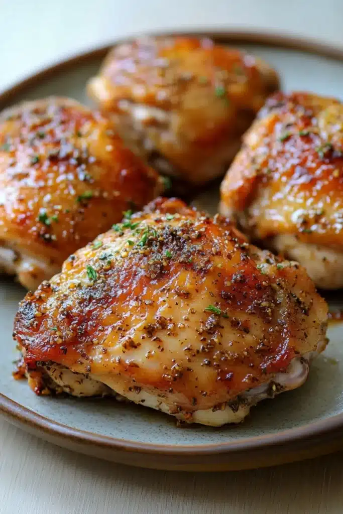 Baked chicken thighs no skin - the image shows a plate of four pieces of cooked chicken breasts. the chicken breasts are golden brown and appear to be seasoned with herbs and spices. they are arranged in a circular pattern on the plate, with the largest one in the center and two smaller ones on either side. the plate is a light brown color and has a textured surface. the background is blurred, but it appears to be a wooden table or countertop.