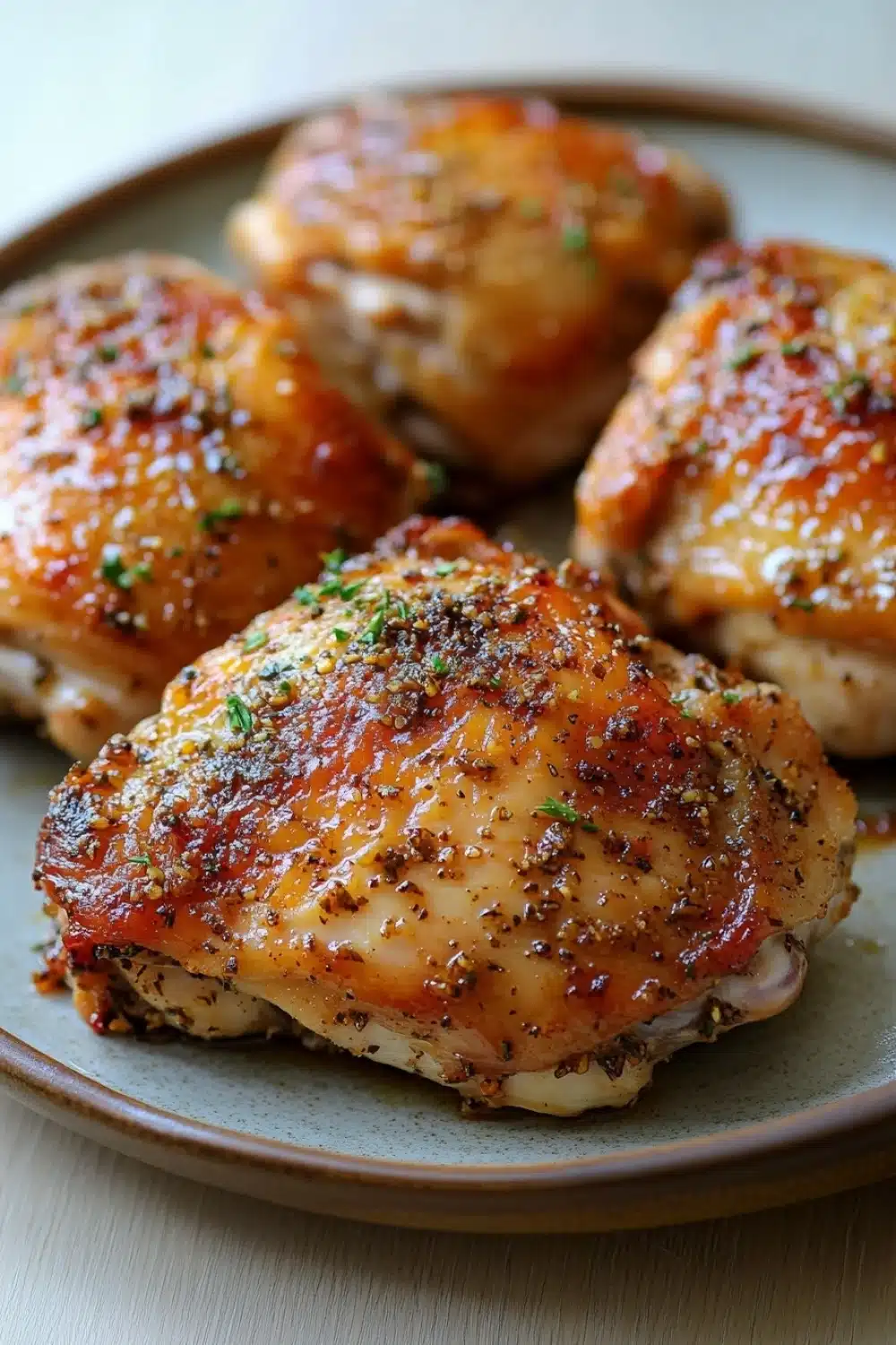 Baked chicken thighs no skin - the image shows a plate of four pieces of cooked chicken breasts. the chicken breasts are golden brown and appear to be seasoned with herbs and spices. they are arranged in a circular pattern on the plate, with the largest one in the center and two smaller ones on either side. the plate is a light brown color and has a textured surface. the background is blurred, but it appears to be a wooden table or countertop.