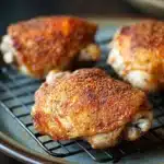 Baked chicken thighs on wire rack - the image shows three pieces of chicken breasts on a wire cooling rack. the chicken breasts are golden brown and appear to be seasoned with herbs and spices. the rack is placed on a wooden table with a bowl of sauce in the background. the background is blurred, but it appears to be a kitchen countertop.