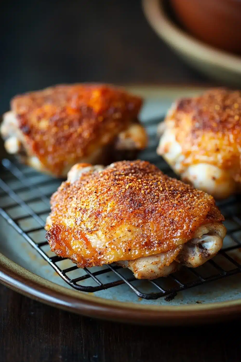 Baked chicken thighs on wire rack - the image shows three pieces of chicken breasts on a wire cooling rack. the chicken breasts are golden brown and appear to be seasoned with herbs and spices. the rack is placed on a wooden table with a bowl of sauce in the background. the background is blurred, but it appears to be a kitchen countertop.