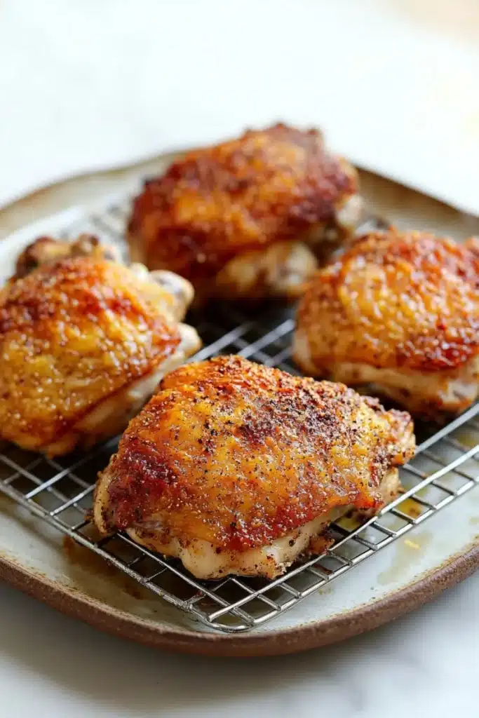 Baked chicken thighs on wire rack - the image shows four pieces of chicken on a wire cooling rack. the chicken appears to be cooked and has a golden brown color with sesame seeds sprinkled on top. the rack is placed on a white countertop. the background is blurred, so the focus is on the chicken.