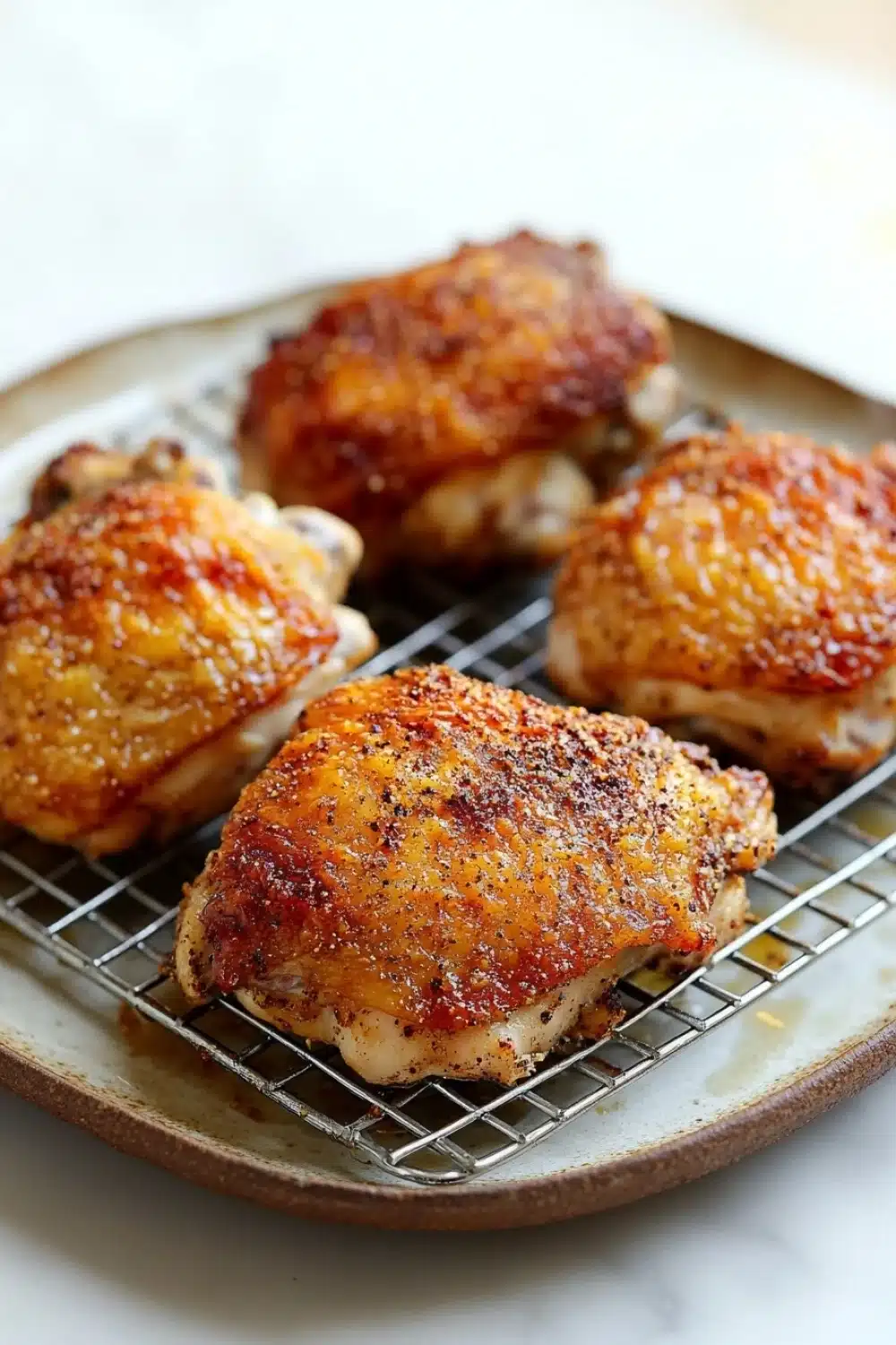 Baked chicken thighs on wire rack - the image shows four pieces of chicken on a wire cooling rack. the chicken appears to be cooked and has a golden brown color with sesame seeds sprinkled on top. the rack is placed on a white countertop. the background is blurred, so the focus is on the chicken.