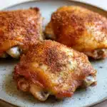 Baked chicken thighs time and temp - the image shows three pieces of chicken drumsticks on a blue and white plate. the drumsticks are golden brown and appear to be seasoned with herbs and spices. they are arranged in a triangular formation on the plate, with the largest one in the center and two smaller ones on either side. the plate is sitting on a wooden table with a blurred background.