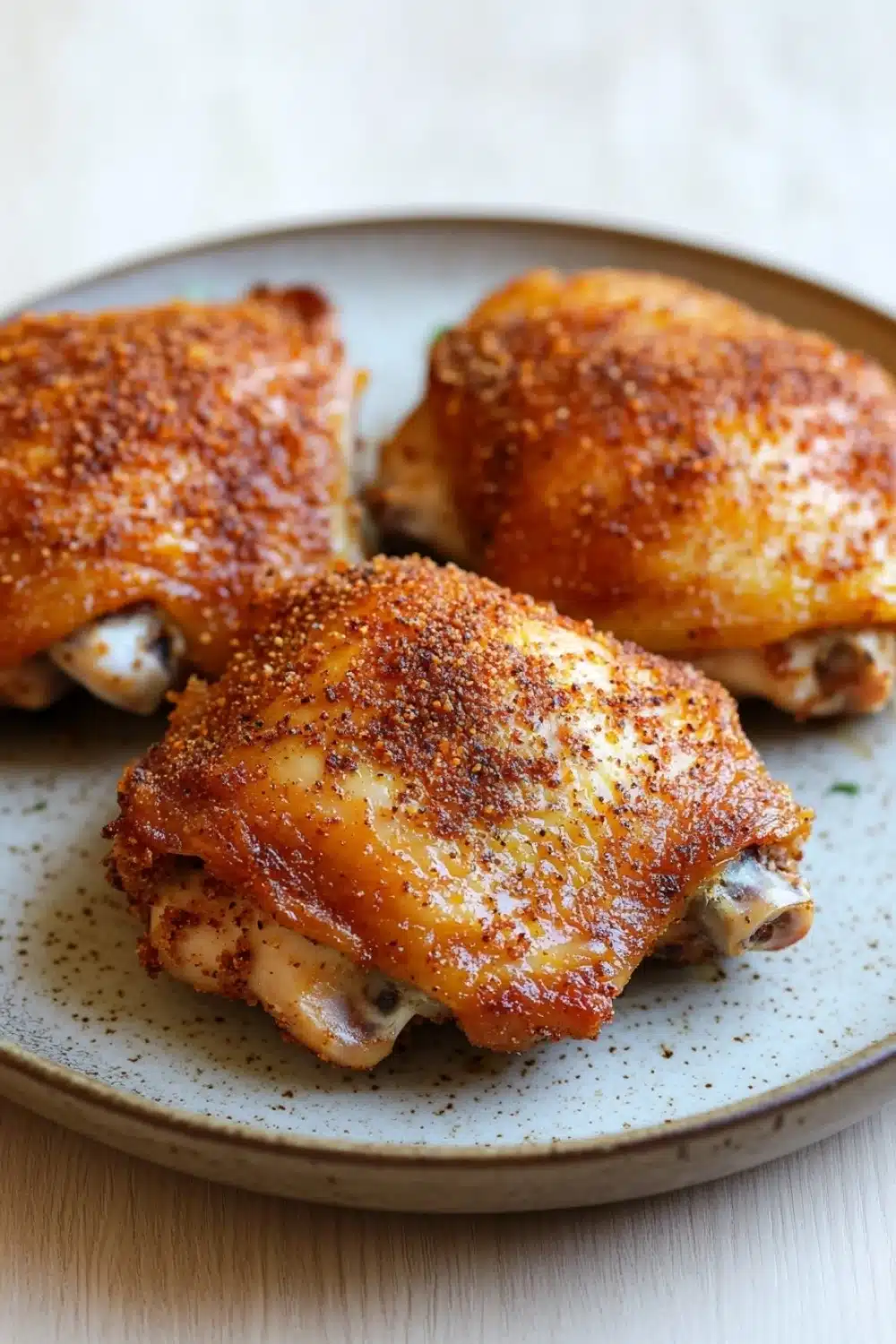 Baked chicken thighs time and temp - the image shows three pieces of chicken drumsticks on a blue and white plate. the drumsticks are golden brown and appear to be seasoned with herbs and spices. they are arranged in a triangular formation on the plate, with the largest one in the center and two smaller ones on either side. the plate is sitting on a wooden table with a blurred background.