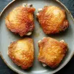 Baked chicken thighs time and temp - the image shows four pieces of fried chicken on a gray plate. the chicken is golden brown and appears to be crispy on the outside. it has a flaky texture and is covered in a thick layer of orange sauce. the sauce is drizzled over the top of the chicken, giving it a glossy sheen. the plate is sitting on a dark grey surface, and the background is blurred, making the chicken the focal point of the image.
