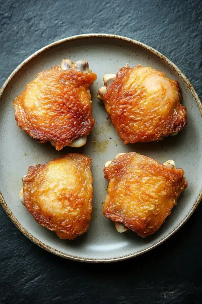 Baked chicken thighs time and temp - the image shows four pieces of fried chicken on a gray plate. the chicken is golden brown and appears to be crispy on the outside. it has a flaky texture and is covered in a thick layer of orange sauce. the sauce is drizzled over the top of the chicken, giving it a glossy sheen. the plate is sitting on a dark grey surface, and the background is blurred, making the chicken the focal point of the image.