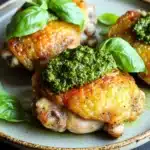 Baked chicken thighs with pesto - the image shows a plate of grilled chicken breasts with a green pesto sauce on top. the chicken breasts are golden brown and appear to be seasoned with herbs and spices. the sauce is a vibrant green color and is drizzled over the top of the chicken breasts. there are also a few fresh basil leaves scattered around the plate, adding a pop of green color to the dish. the plate is white with a brown rim and is sitting on a dark grey surface.