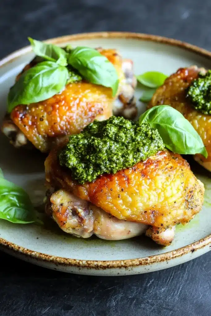 Baked chicken thighs with pesto - the image shows a plate of grilled chicken breasts with a green pesto sauce on top. the chicken breasts are golden brown and appear to be seasoned with herbs and spices. the sauce is a vibrant green color and is drizzled over the top of the chicken breasts. there are also a few fresh basil leaves scattered around the plate, adding a pop of green color to the dish. the plate is white with a brown rim and is sitting on a dark grey surface.