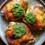 Baked chicken thighs with pesto - the image shows a plate of grilled chicken breasts covered in a green pesto sauce. the chicken breasts are golden brown and appear to be seasoned with herbs and spices. the plate is white with a speckled pattern and is placed on a wooden table. there are a few basil leaves scattered around the plate, adding a pop of green color to the dish. the overall aesthetic of the image is rustic and appetizing.