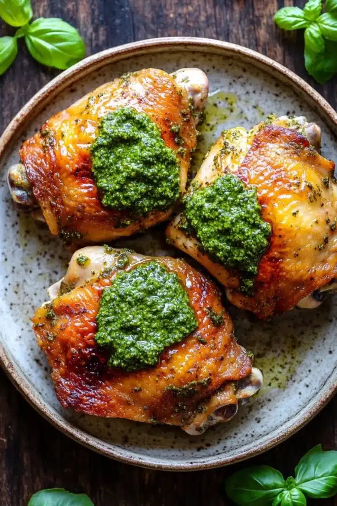 Baked chicken thighs with pesto - the image shows a plate of grilled chicken breasts covered in a green pesto sauce. the chicken breasts are golden brown and appear to be seasoned with herbs and spices. the plate is white with a speckled pattern and is placed on a wooden table. there are a few basil leaves scattered around the plate, adding a pop of green color to the dish. the overall aesthetic of the image is rustic and appetizing.