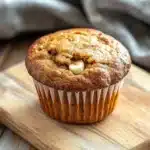 Banana bread kodiak muffins - the image shows a freshly baked muffin on a wooden cutting board. the muffin is golden brown in color and has a crumbly texture. it is topped with a generous amount of white chocolate chips. the cutting board is placed on a rustic wooden table with a gray cloth napkin in the background. the overall mood of the image is warm and inviting.