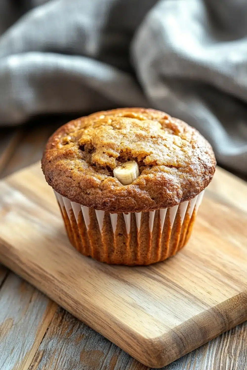 Banana bread kodiak muffins - the image shows a freshly baked muffin on a wooden cutting board. the muffin is golden brown in color and has a crumbly texture. it is topped with a generous amount of white chocolate chips. the cutting board is placed on a rustic wooden table with a gray cloth napkin in the background. the overall mood of the image is warm and inviting.