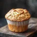 Banana bread kodiak muffins - the image is a close-up of a freshly baked muffin on a wooden cutting board. the muffin is golden brown in color and has a crumbly texture on top. it is topped with a slice of banana, which is visible in the center of the muffin. the cutting board is placed on a dark grey countertop. the background is blurred, making the muffins the focal point of the image.