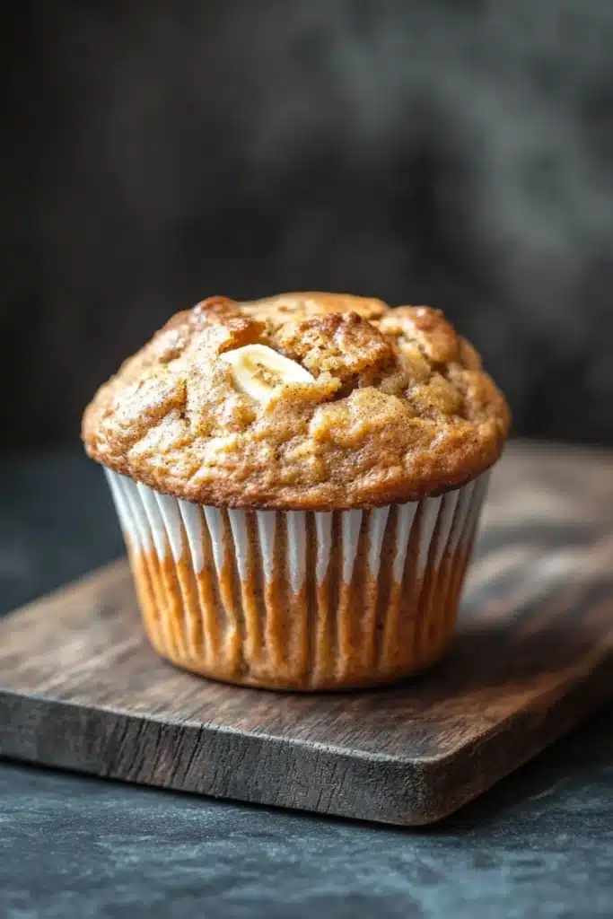 Banana bread kodiak muffins - the image is a close-up of a freshly baked muffin on a wooden cutting board. the muffin is golden brown in color and has a crumbly texture on top. it is topped with a slice of banana, which is visible in the center of the muffin. the cutting board is placed on a dark grey countertop. the background is blurred, making the muffins the focal point of the image.