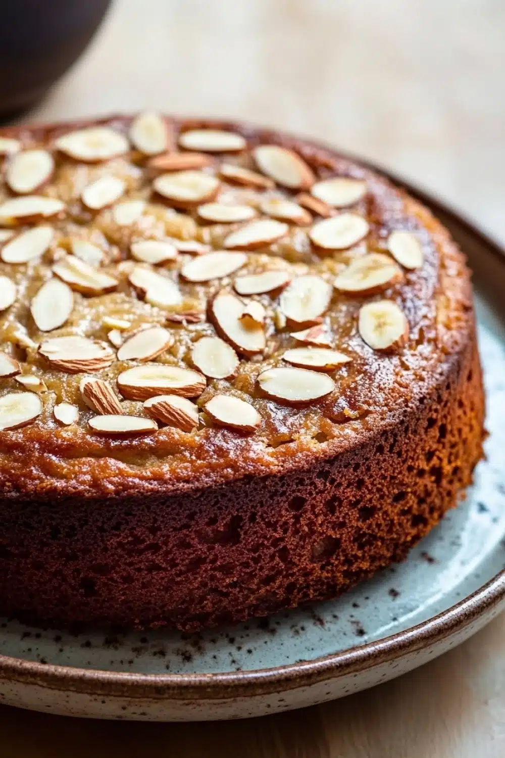 Banana cake almond - the image is of a round cake on a blue plate. the cake appears to be a chocolate cake with a golden brown crust and is topped with sliced almonds. the almonds are arranged in a circular pattern on top of the cake, creating a textured surface. the plate is sitting on a wooden table with a blurred background.