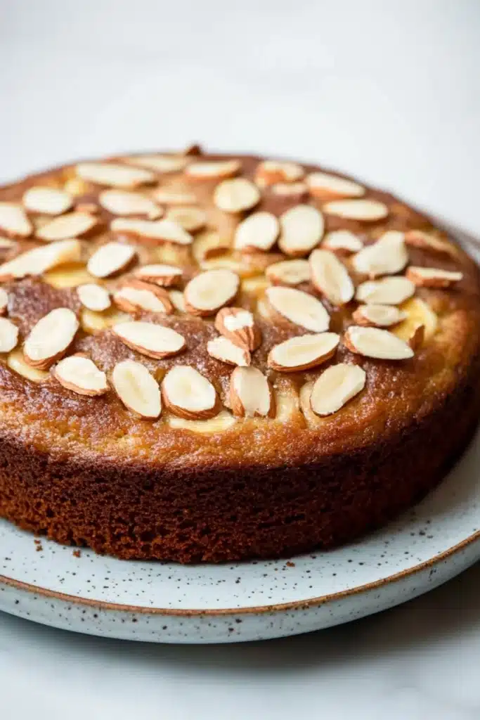Banana cake almond - the image is of a round cake on a white plate. the cake appears to be a chocolate cake with a golden brown crust and is topped with sliced almonds. the almonds are arranged in a circular pattern on top of the cake, creating a lattice-like design. the plate is sitting on a marble countertop. the background is blurred, making the cake the focal point of the image.
