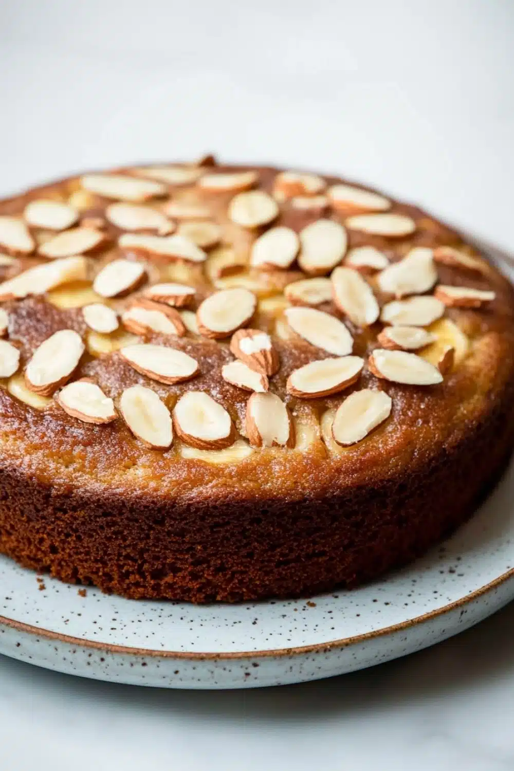 Banana cake almond - the image is of a round cake on a white plate. the cake appears to be a chocolate cake with a golden brown crust and is topped with sliced almonds. the almonds are arranged in a circular pattern on top of the cake, creating a lattice-like design. the plate is sitting on a marble countertop. the background is blurred, making the cake the focal point of the image.