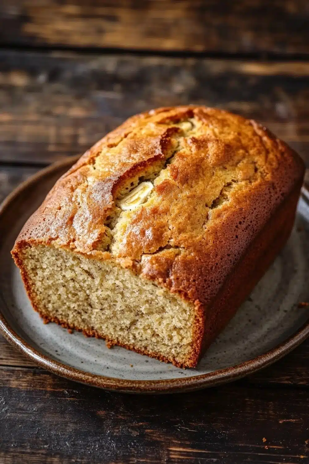 Banana cake loaf - the image shows a freshly baked loaf of bread on a gray plate. the bread appears to be golden brown in color and has a slightly crumbly texture. it has a soft, fluffy interior with visible chunks of butter and nuts scattered throughout. the plate is placed on a wooden table with a rustic, weathered look. the background is blurred, making the bread the focal point of the image.