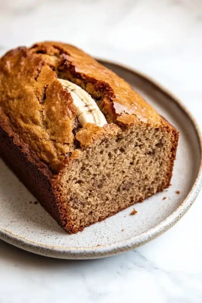 Banana cake loaf - the image shows a freshly baked loaf of banana bread on a white marble countertop. the bread is golden brown in color and has a slightly crumbly texture. it has a slice taken out of it, revealing the soft, fluffy interior. a single banana peel is visible on top of the bread, adding a pop of color to the dish. the plate it is sitting on is round and has an speckled pattern. the background is blurred, making the bread the focal point of the image.
