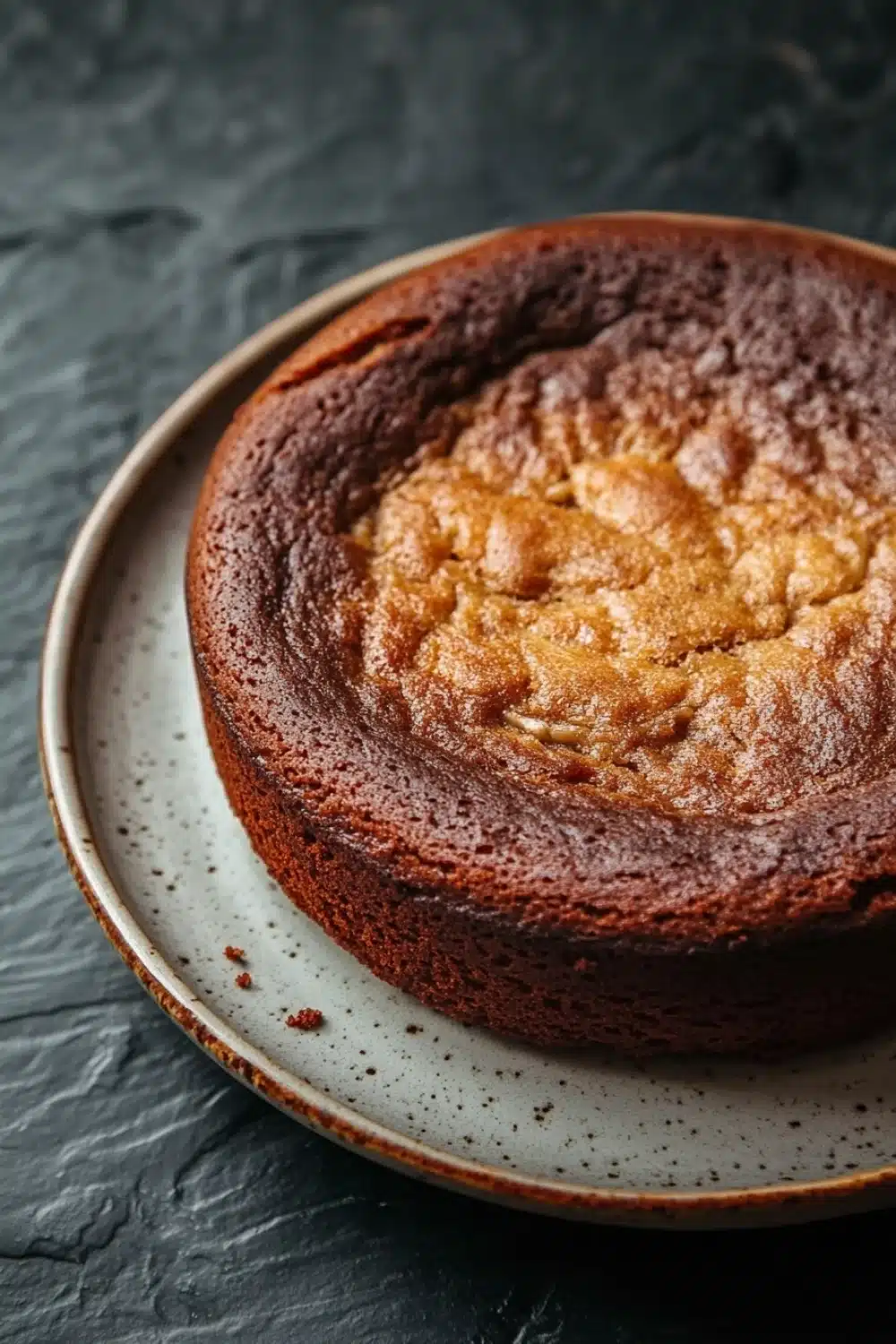 Banana cake no butter - the image is a close-up of a round cake on a white plate with a blue rim. the cake appears to be a chocolate cake with a golden brown crust on top. the top of the cake is covered in a light dusting of powdered sugar, giving it a shiny appearance. the plate is sitting on a dark grey textured surface. the background is blurred, making the cake the focal point of the image.