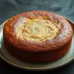 Banana cake no butter - the image is a close-up of a round cake on a white plate. the cake appears to be freshly baked and has a golden brown crust on top. the center of the cake is covered in a light dusting of powdered sugar, giving it a shiny appearance. the plate is placed on a dark, textured surface, possibly a table or countertop. the background is blurred, making the cake the focal point of the image.