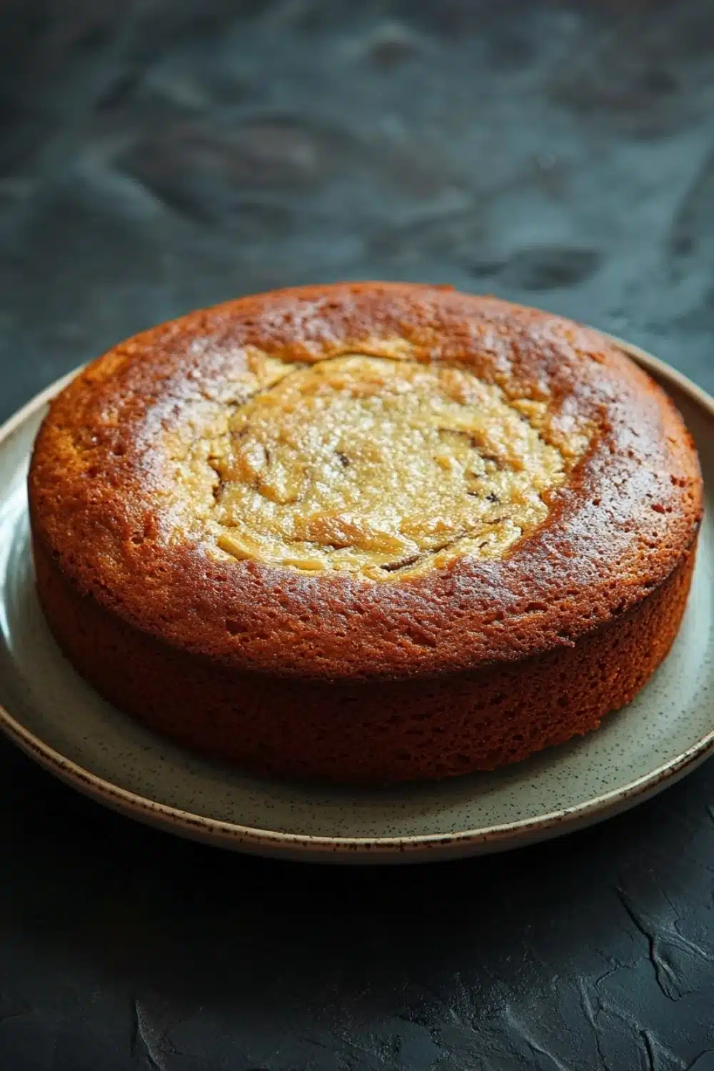 Banana cake no butter - the image is a close-up of a round cake on a white plate. the cake appears to be freshly baked and has a golden brown crust on top. the center of the cake is covered in a light dusting of powdered sugar, giving it a shiny appearance. the plate is placed on a dark, textured surface, possibly a table or countertop. the background is blurred, making the cake the focal point of the image.