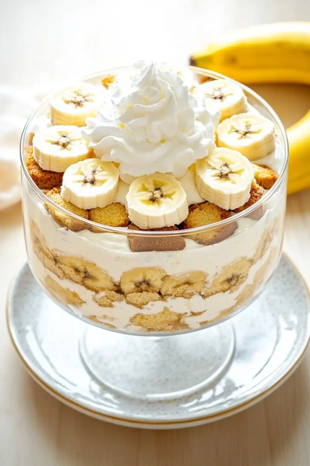 Banana cake trifle - the image is of a dessert in a glass trifle dish. the trifle is topped with a generous dollop of whipped cream and sliced bananas. the bananas are arranged in a circular pattern on top of the trifle, with some of them overlapping each other. there are also some crumbs scattered throughout the dessert. the dish is sitting on a white plate with a blue rim. in the background, there is a bunch of bananas and a white napkin. the overall color scheme of the image is warm and inviting.