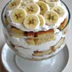 Banana cake trifle - the image is of a dessert in a glass cake stand. the cake stand is white with a gold rim and is placed on a wooden table. the top of the cake stand has a layer of whipped cream and sliced bananas arranged in a circular pattern. the bananas are yellow and appear to be ripe and juicy. there are also a few crumbs scattered around the cake, indicating that it has been freshly baked. the overall appearance of the dessert is fresh and appetizing.