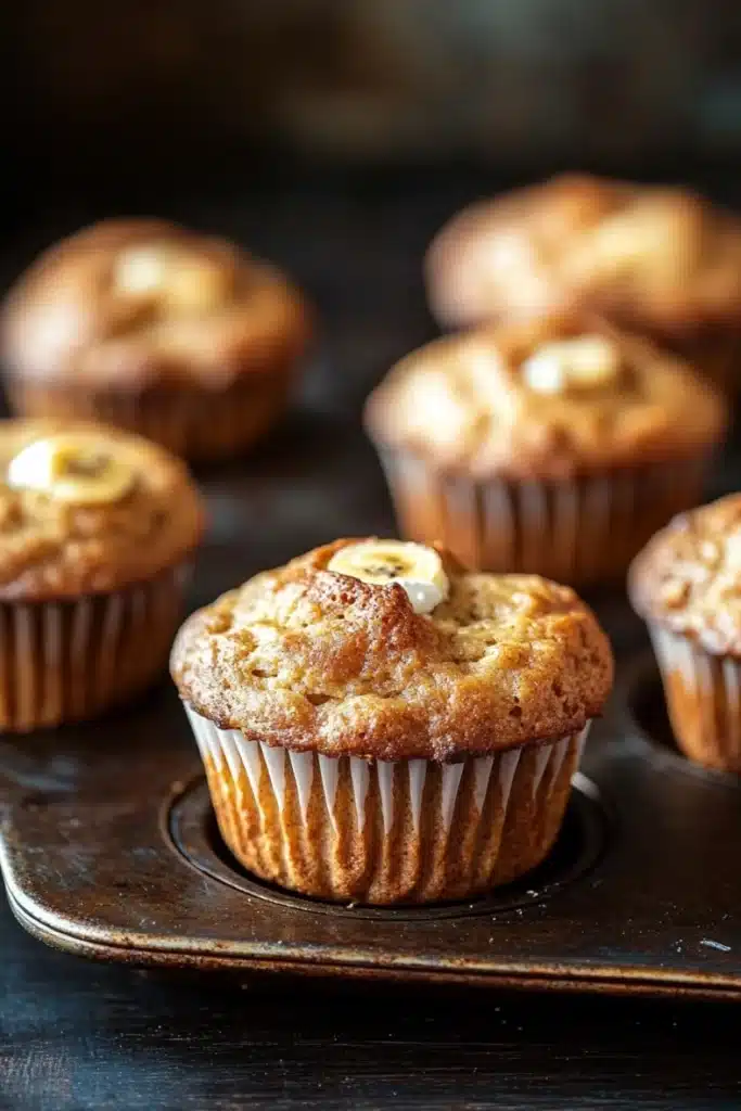 Banana muffin sour cream - the image shows a group of freshly baked muffins on a black baking tray. the muffins are golden brown in color and have a crumbly texture. they are topped with a generous amount of butter, which is visible on top of each muffin. the tray is lined with parchment paper and is placed on a wooden surface. the background is blurred, but it appears to be a kitchen countertop.