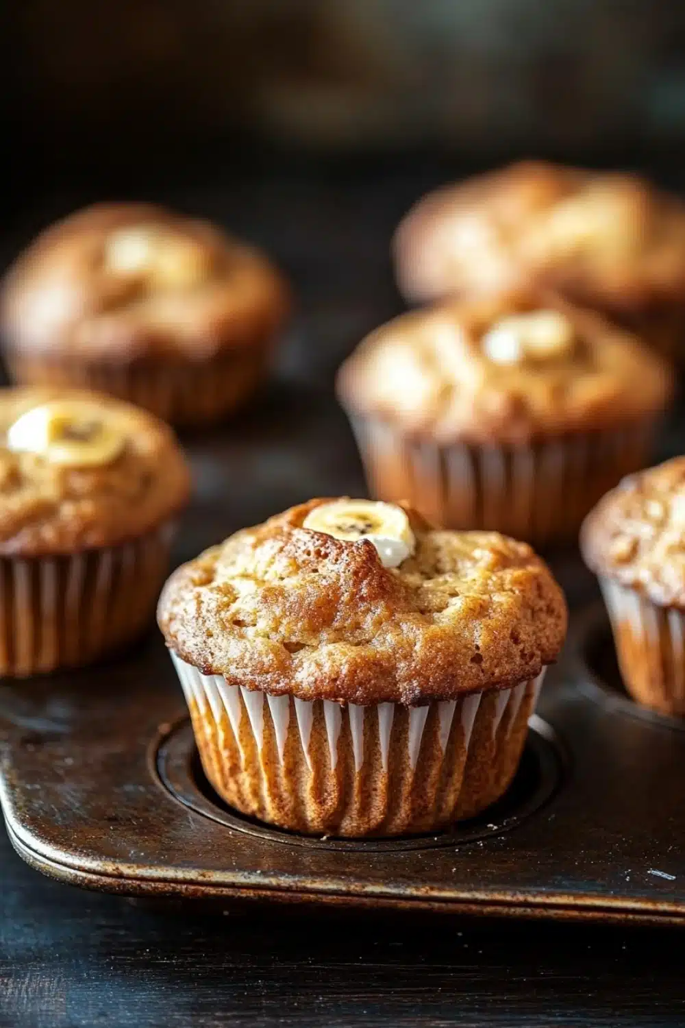 Banana muffin sour cream - the image shows a group of freshly baked muffins on a black baking tray. the muffins are golden brown in color and have a crumbly texture. they are topped with a generous amount of butter, which is visible on top of each muffin. the tray is lined with parchment paper and is placed on a wooden surface. the background is blurred, but it appears to be a kitchen countertop.