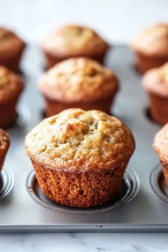 Banana muffin sour cream - the image shows a muffin tin filled with freshly baked muffins. the muffins are golden brown in color and have a crumbly texture on top. they are arranged in a single layer in the tin, with some overlapping each other. the tin is placed on a white marble countertop. the background is blurred, but it appears to be a kitchen countertop with more muffins visible.
